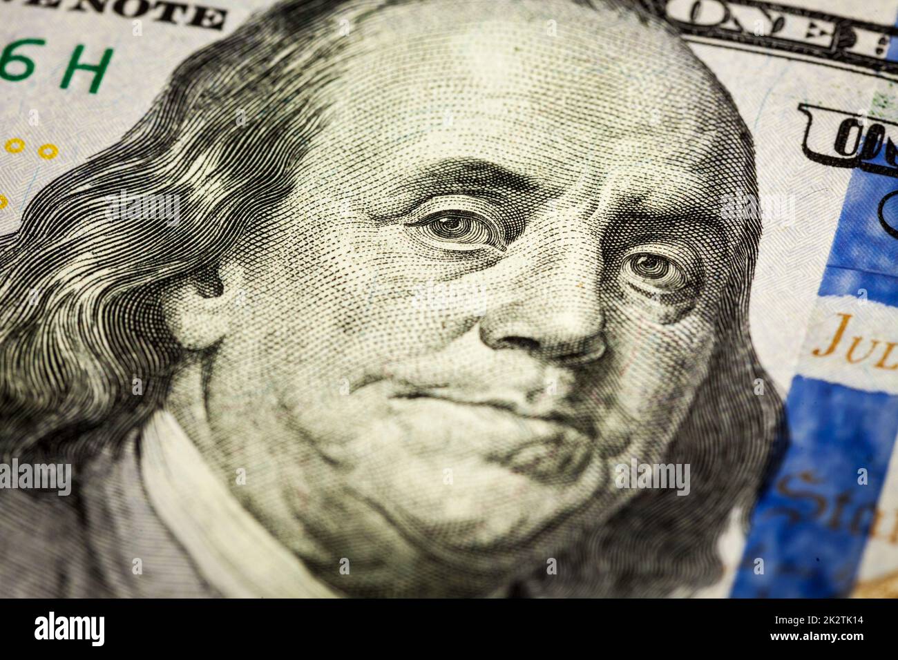 Benjamin Franklin portrait macro shot of 100 bill Stock Photo