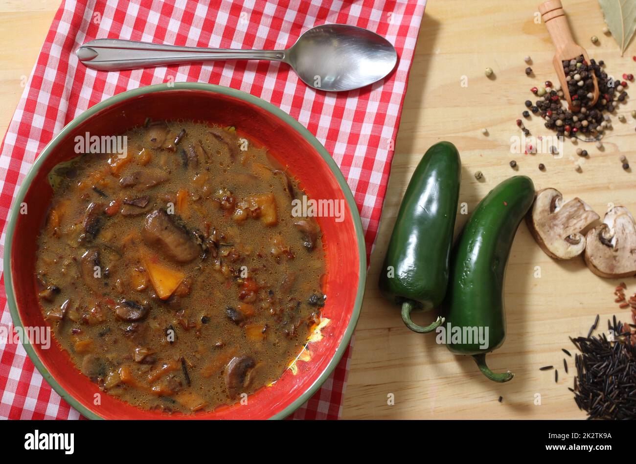 Mushroom and Peppers Soup With Wild Rice. Mix of Sweet Bell Peppers and