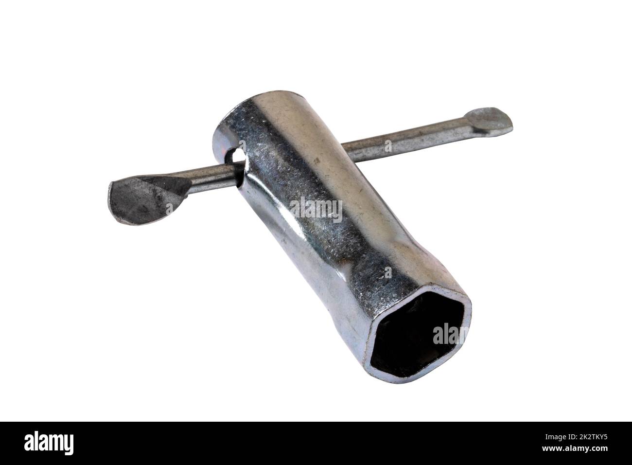 Craftsman tools isolated. Close-up of a hexagonal metal socket spanner for tightening or loosening screws isolated on white background. Clipping path. Macro. Stock Photo