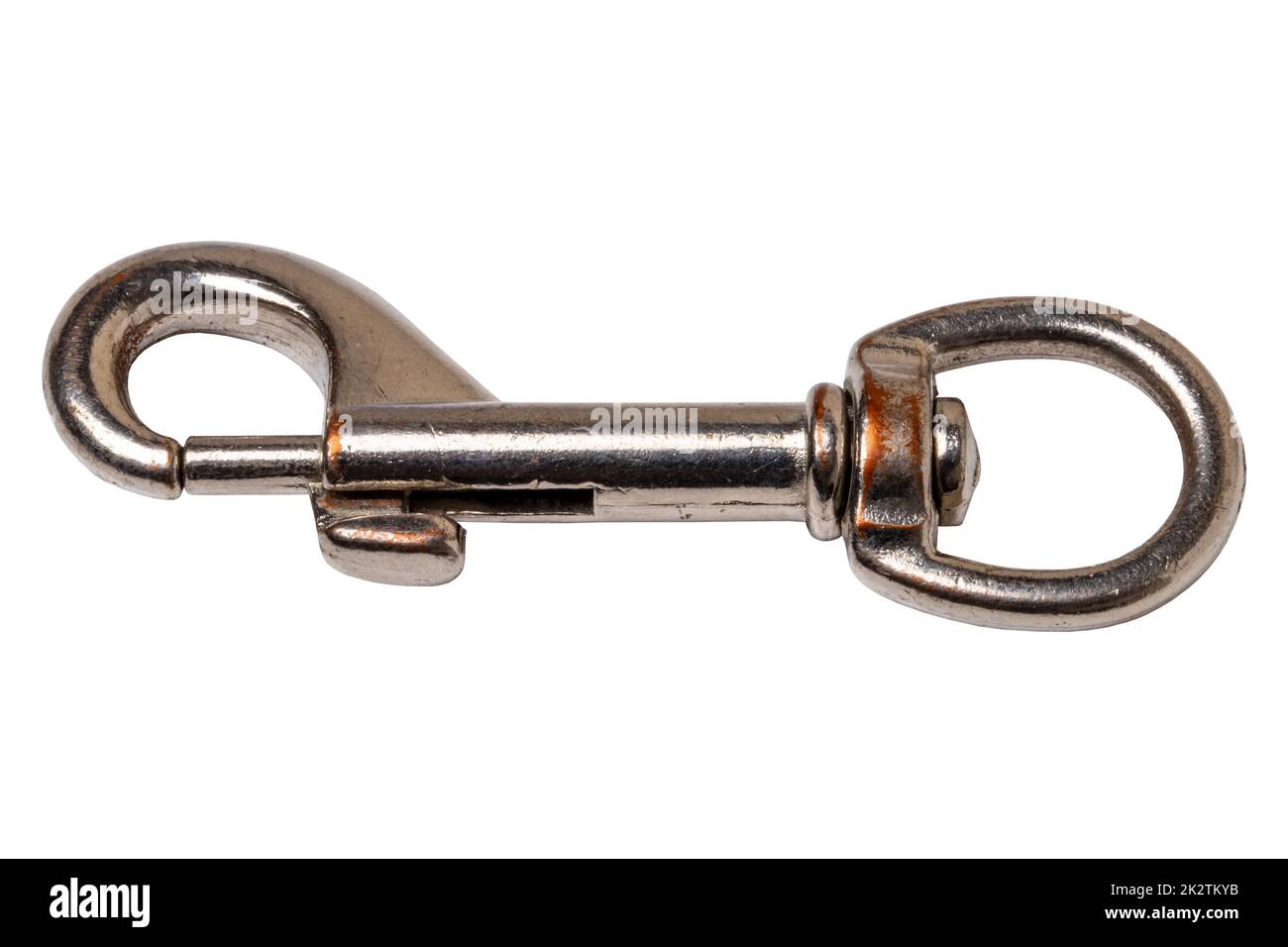 Closeup of a sturdy metal carabiner or snap hook with a rotating eyelet isolated on a white background. Clipping path. Macro. Stock Photo