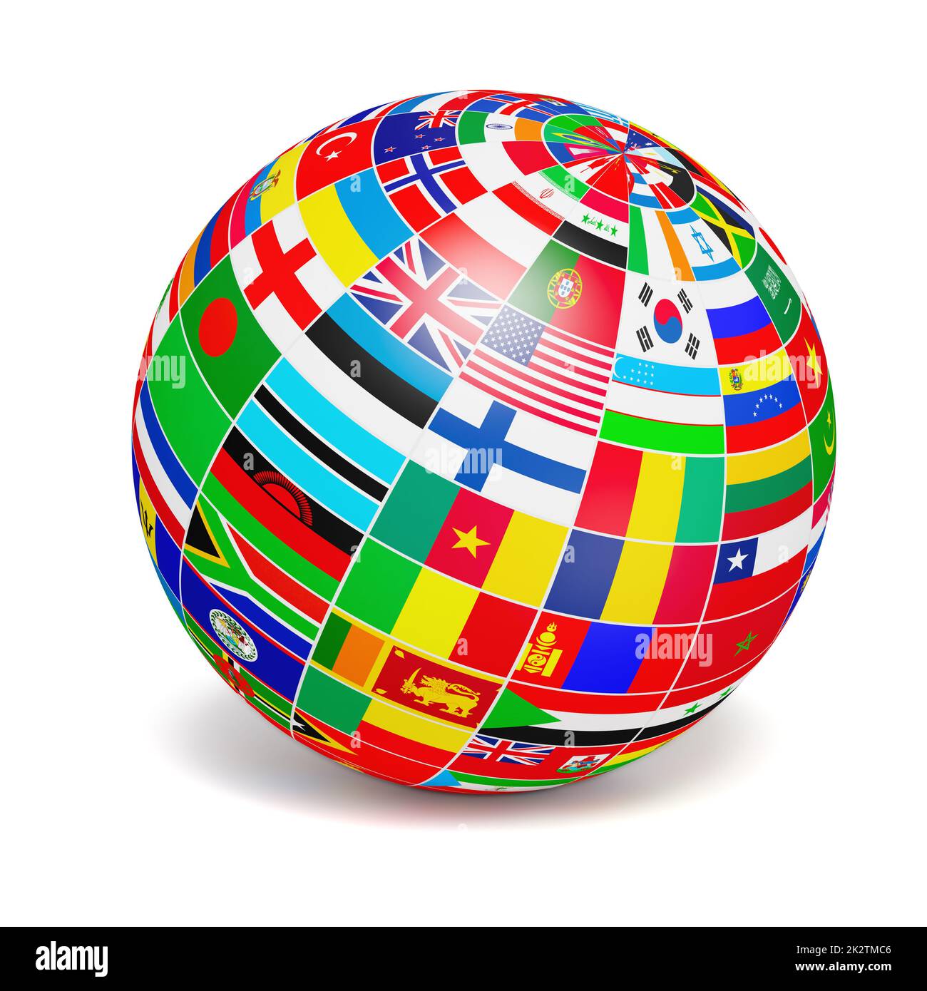D globe sphere with flags of the world on white Stock Photo