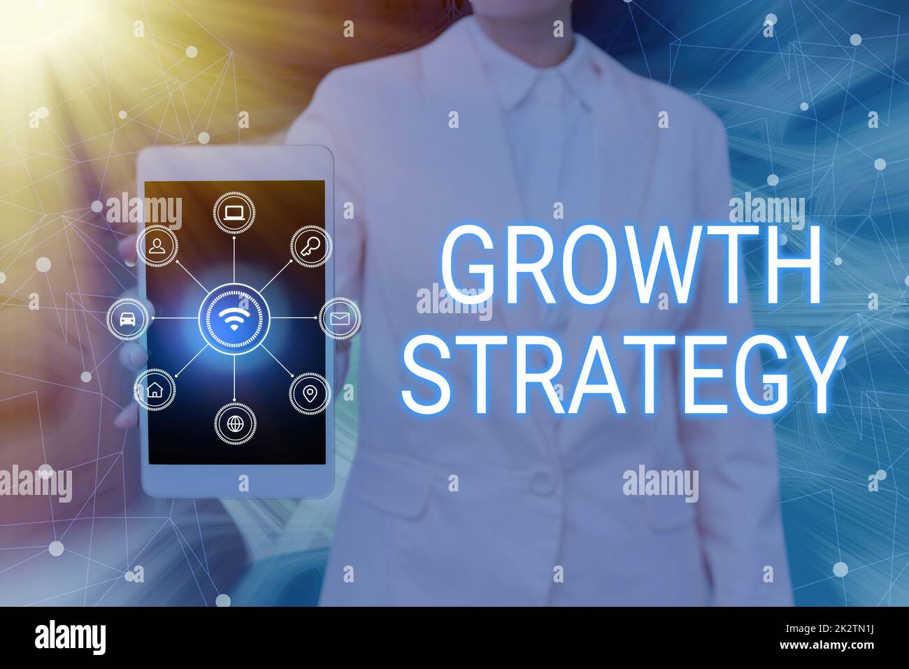 Conceptual display Growth Strategy. Business concept Strategy aimed at winning larger market share in shortterm Lady Pressing Screen Of Mobile Phone Showing The Futuristic Technology Stock Photo