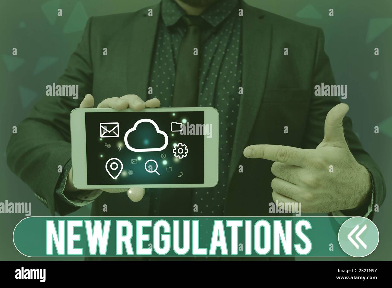 Text showing inspiration New Regulations. Business overview Regulation controlling the activity usually used by rules. Man holding Screen Of Mobile Phone Showing The Futuristic Technology. Stock Photo