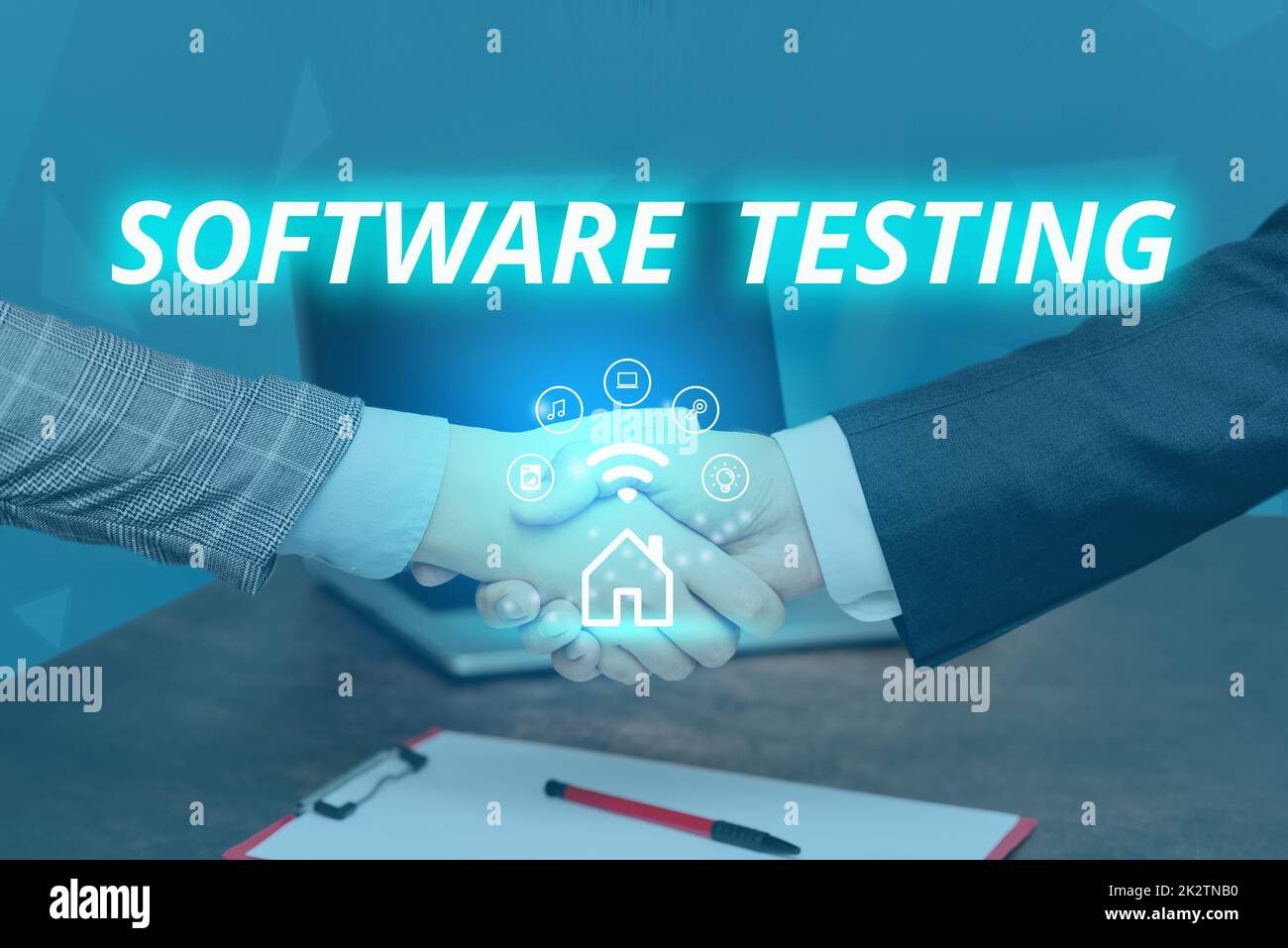 Text showing inspiration Software Testing. Conceptual photo investigation provide information about the quality of it Hands Shaking Signing Contract Unlocking New Futuristic Technologies. Stock Photo