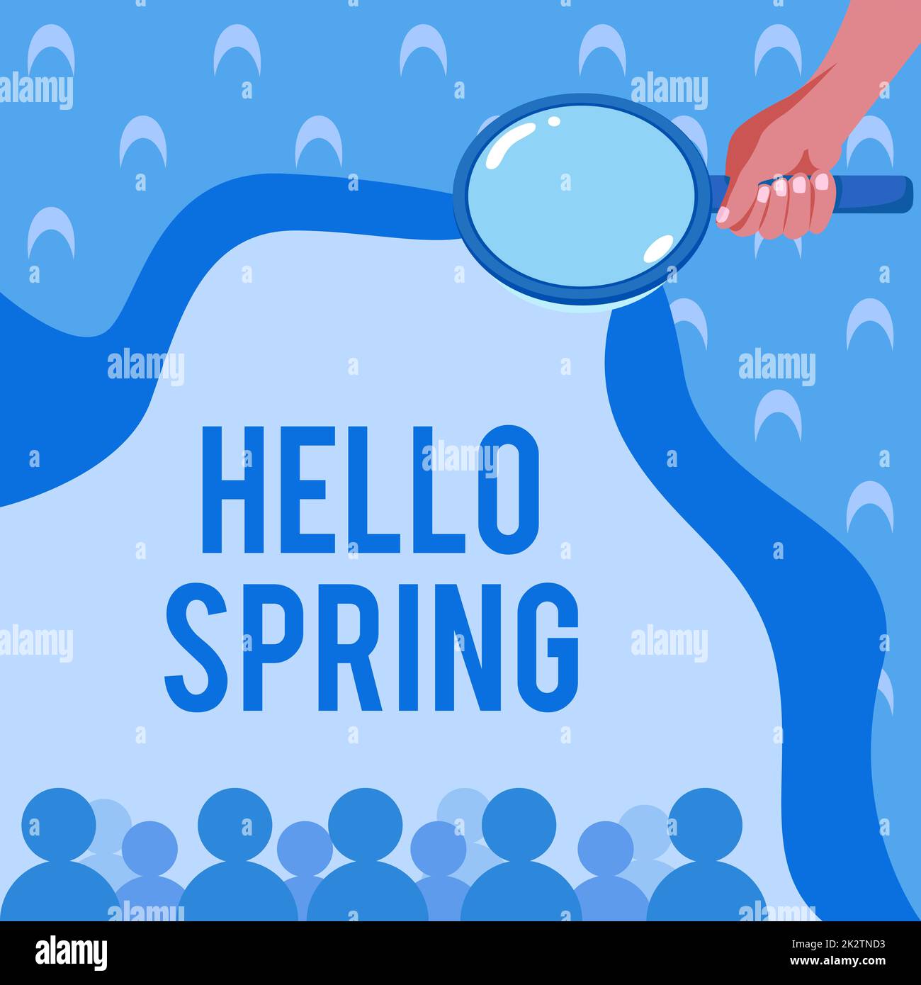 Conceptual caption Hello Spring. Concept meaning Welcoming the season after the winter Blossoming of flowers Hand Holding Magnifying Glass Examining Socio Economic Structure. Stock Photo