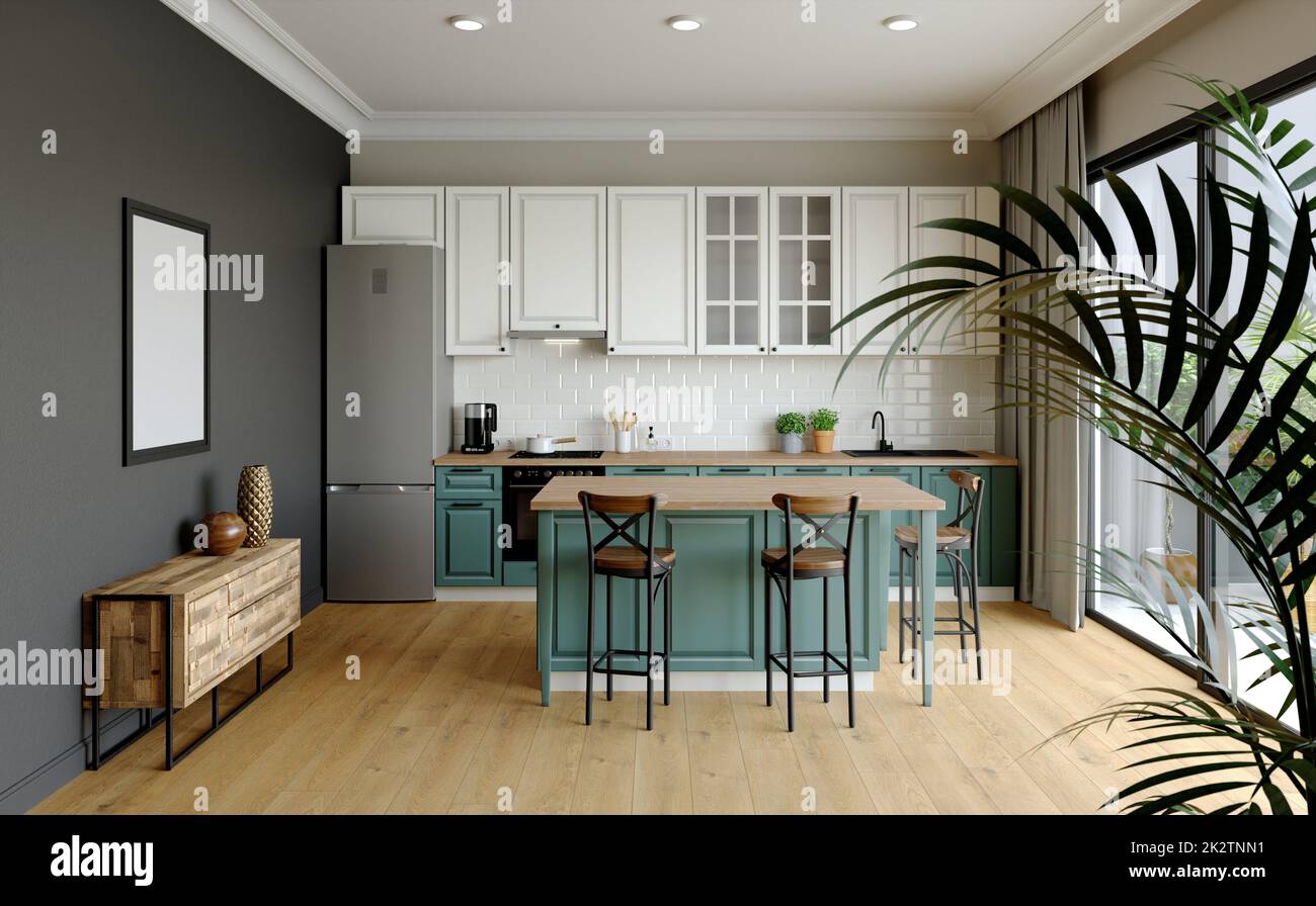 3d rendering. Bright kitchen design. Stock Photo