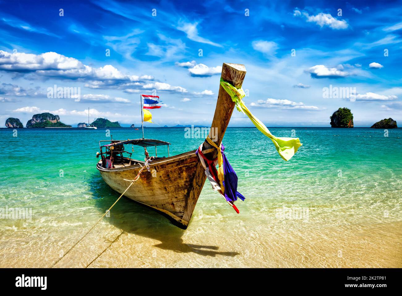 Long tail boat on beach, Thailand Stock Photo