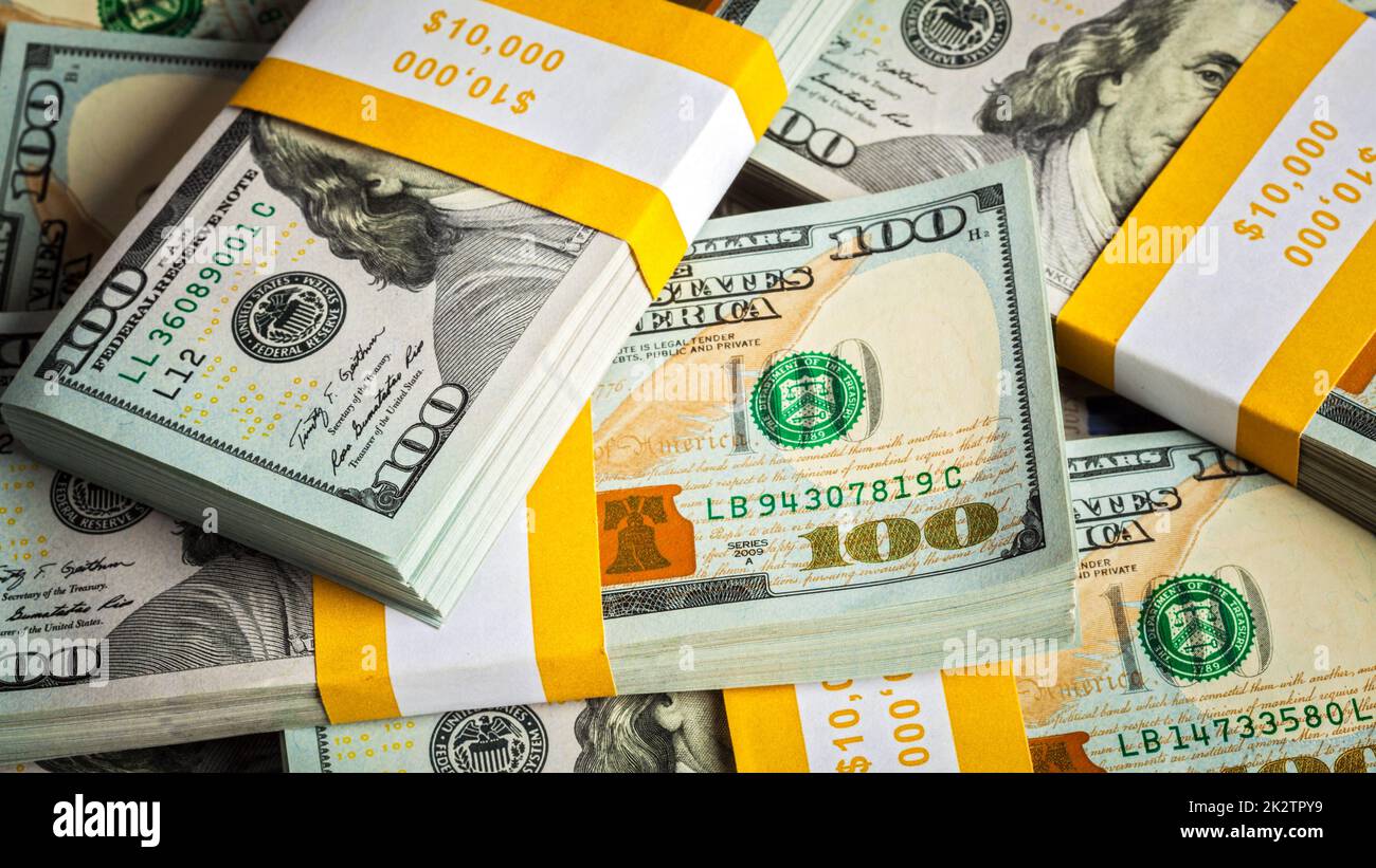 Background of new 100 US dollars banknotes Stock Photo
