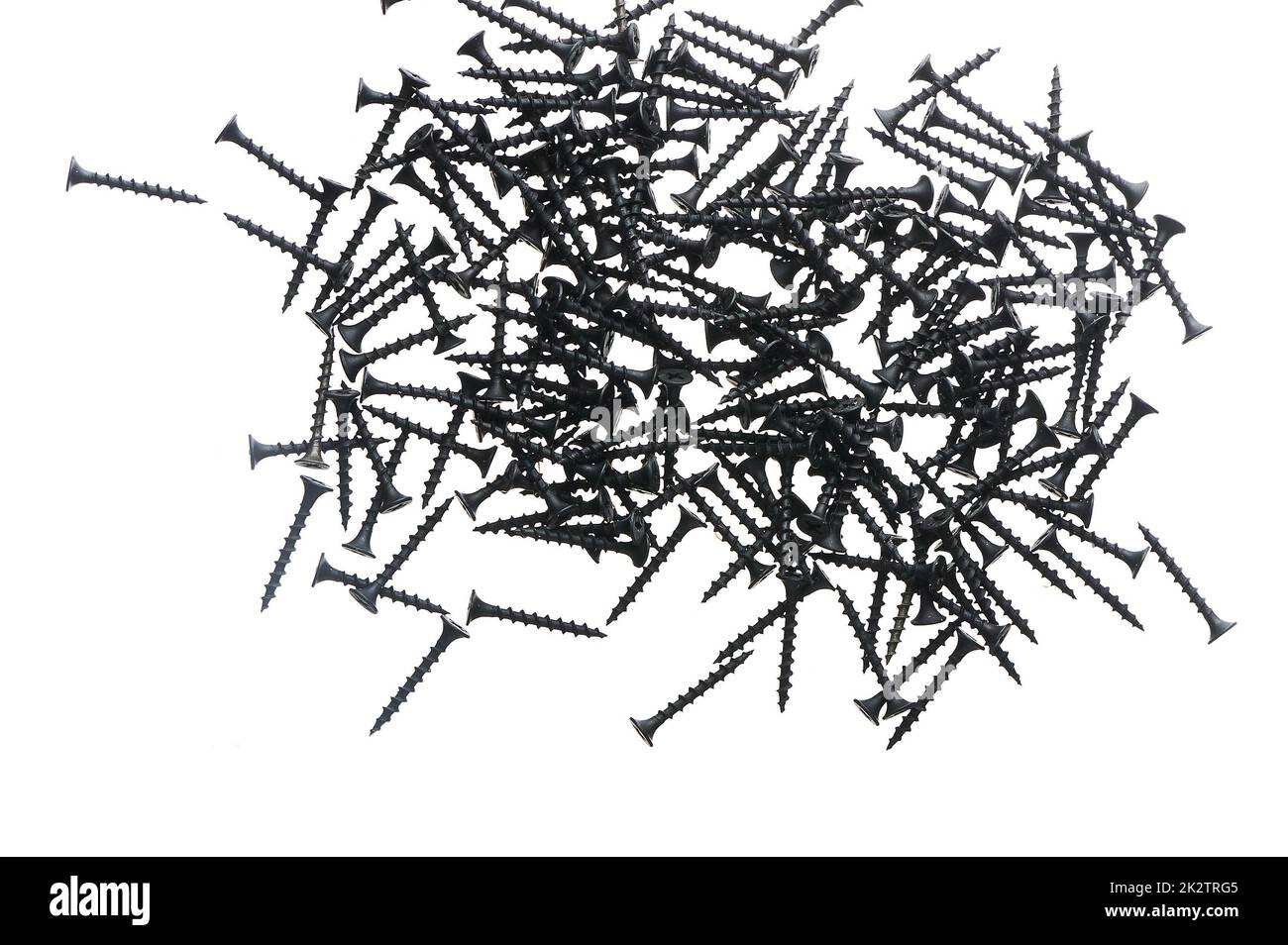 Black construction screws on wood on a white isolated background Stock Photo