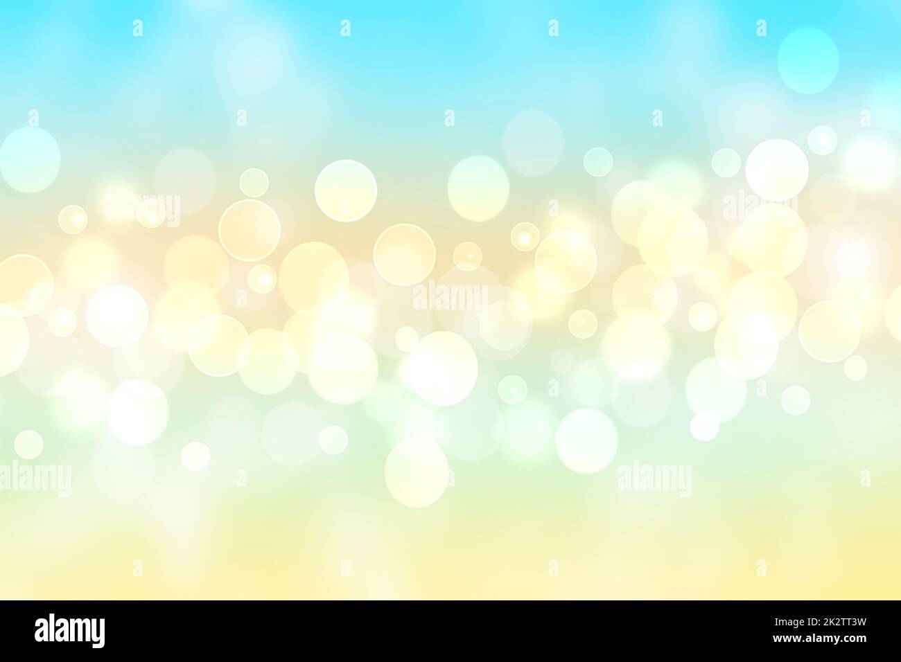 Hello spring background. Abstract delicate bright spring or summer landscape texture with natural yellow white bokeh lights, sunshine and blue sky. Beautiful backdrop with space. Stock Photo
