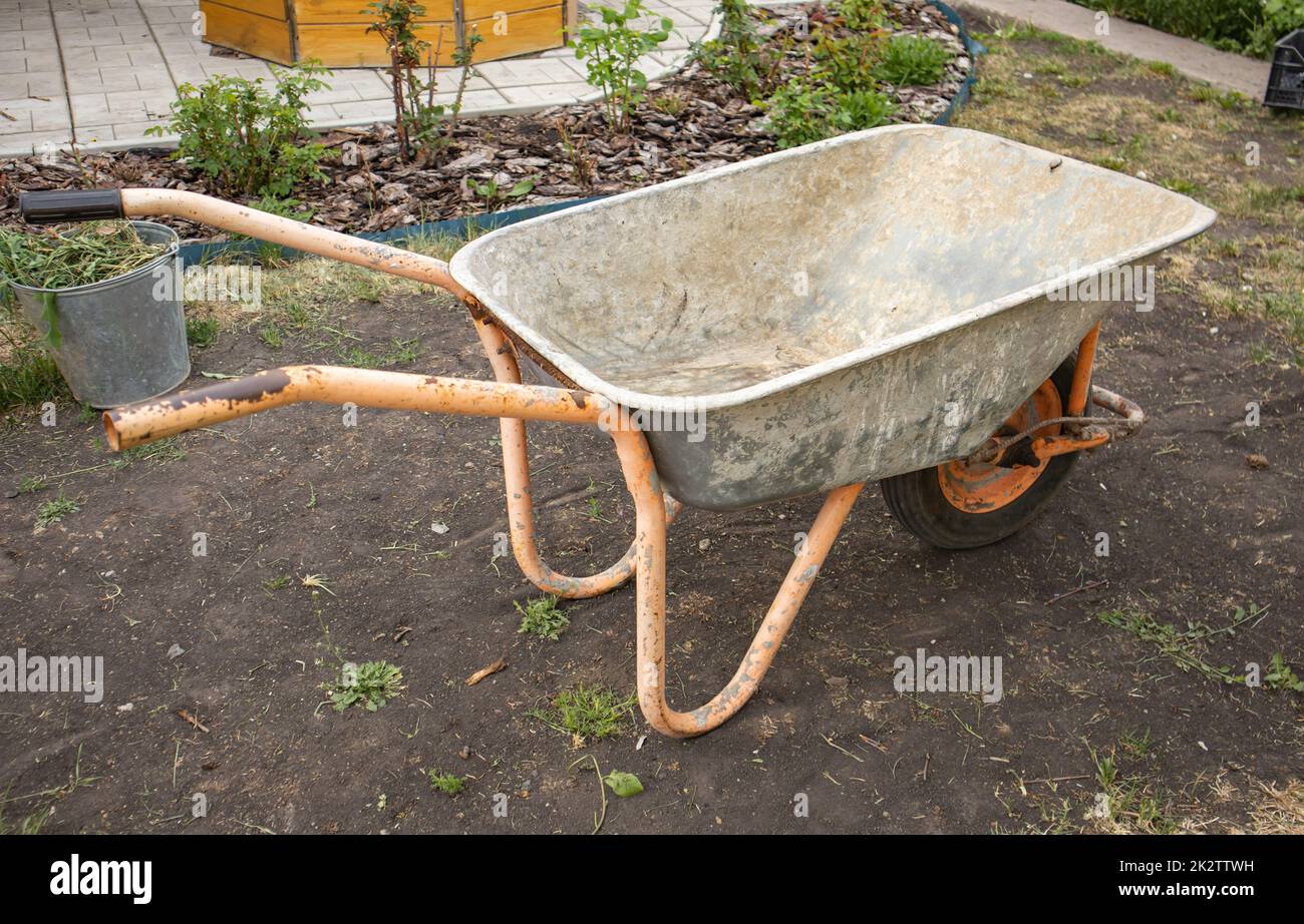 Garden cleaning equipment. An empty garden cart in closeup for