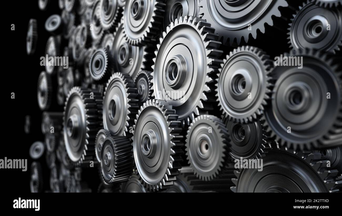 Background formed with group of 3D steel wheels in motion. 3D illustration Stock Photo