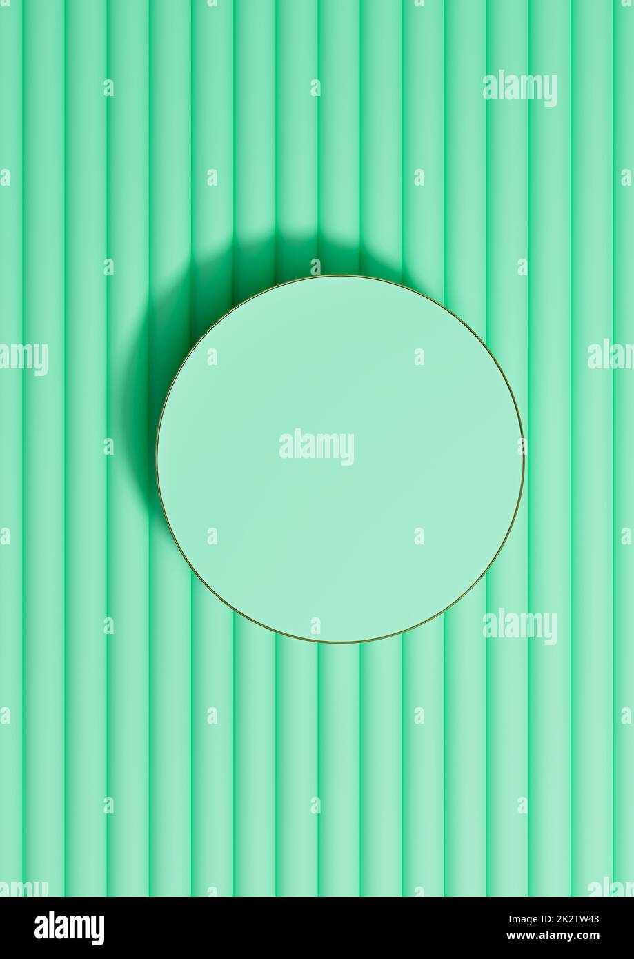 Bright turquoise green 3D rendering of top view flat lay product display cylinder podium or stand product photography background or wallpaper, minimal, simple, luxury backdrop with golden line Stock Photo