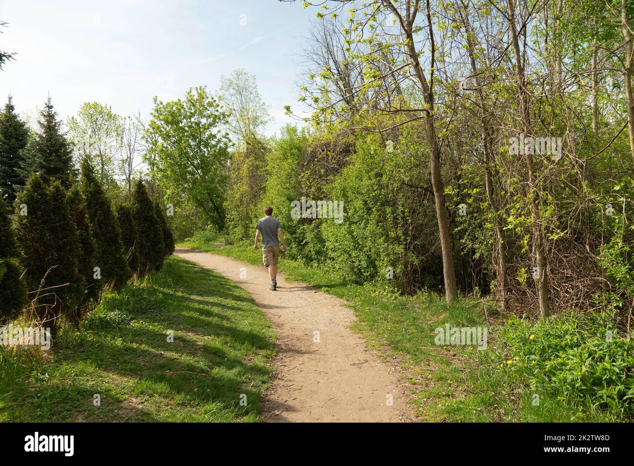 Man, in shorts, walks along the path on a warm spring day Stock Photo