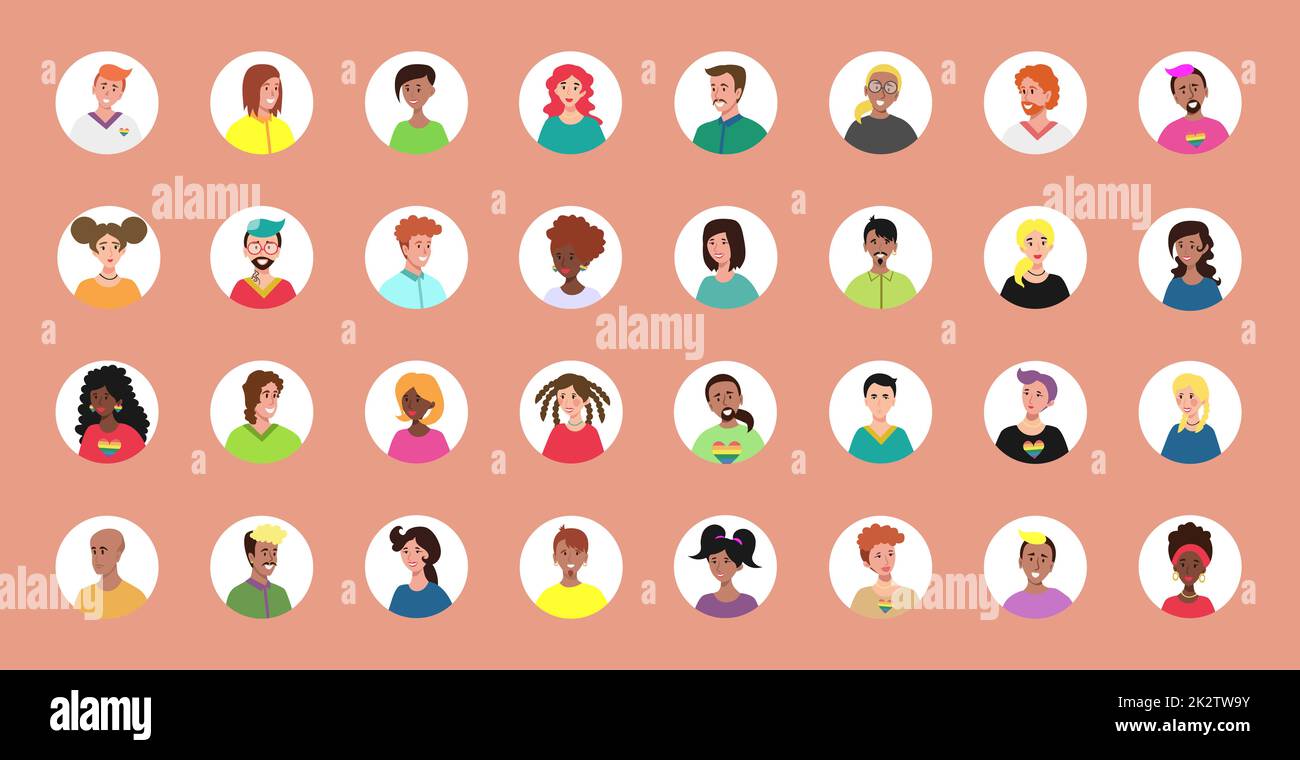 Set of 32 circled avatars with the faces of young people. Image of different different races and nationalities, women and men. Set of user profile icons. Round badges with happy people - Vector Stock Photo