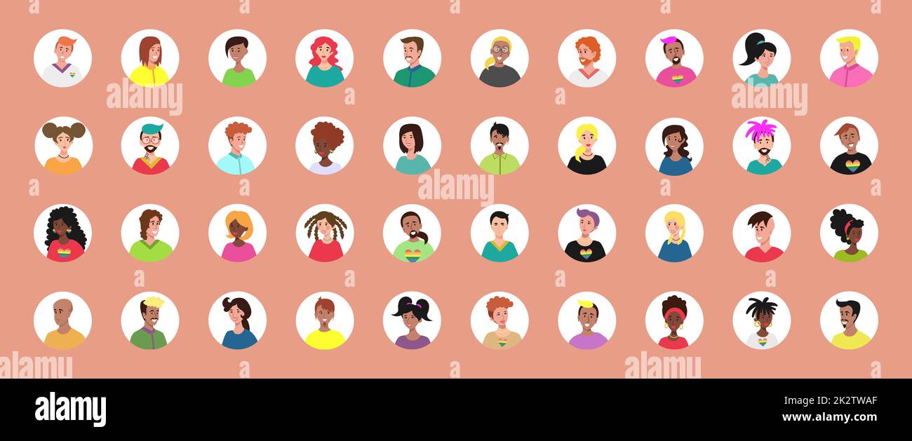 Icon avatars of different young or old people set, round profile avatars  with portraits, Stock vector