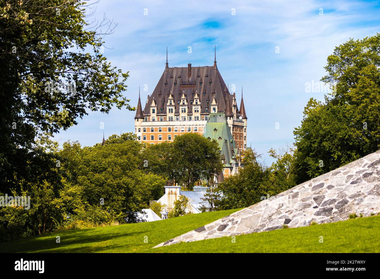 Scenic view of Chateau Frontenac castle hotel from the citadel in Quebec Stock Photo