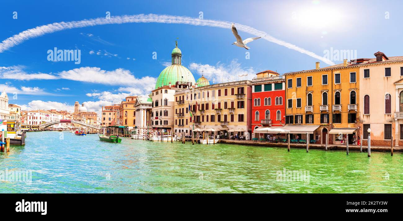 Grand Canal panorama near the Scalzi Bridge and San Simeone Piccolo church, Venice, Italy Stock Photo