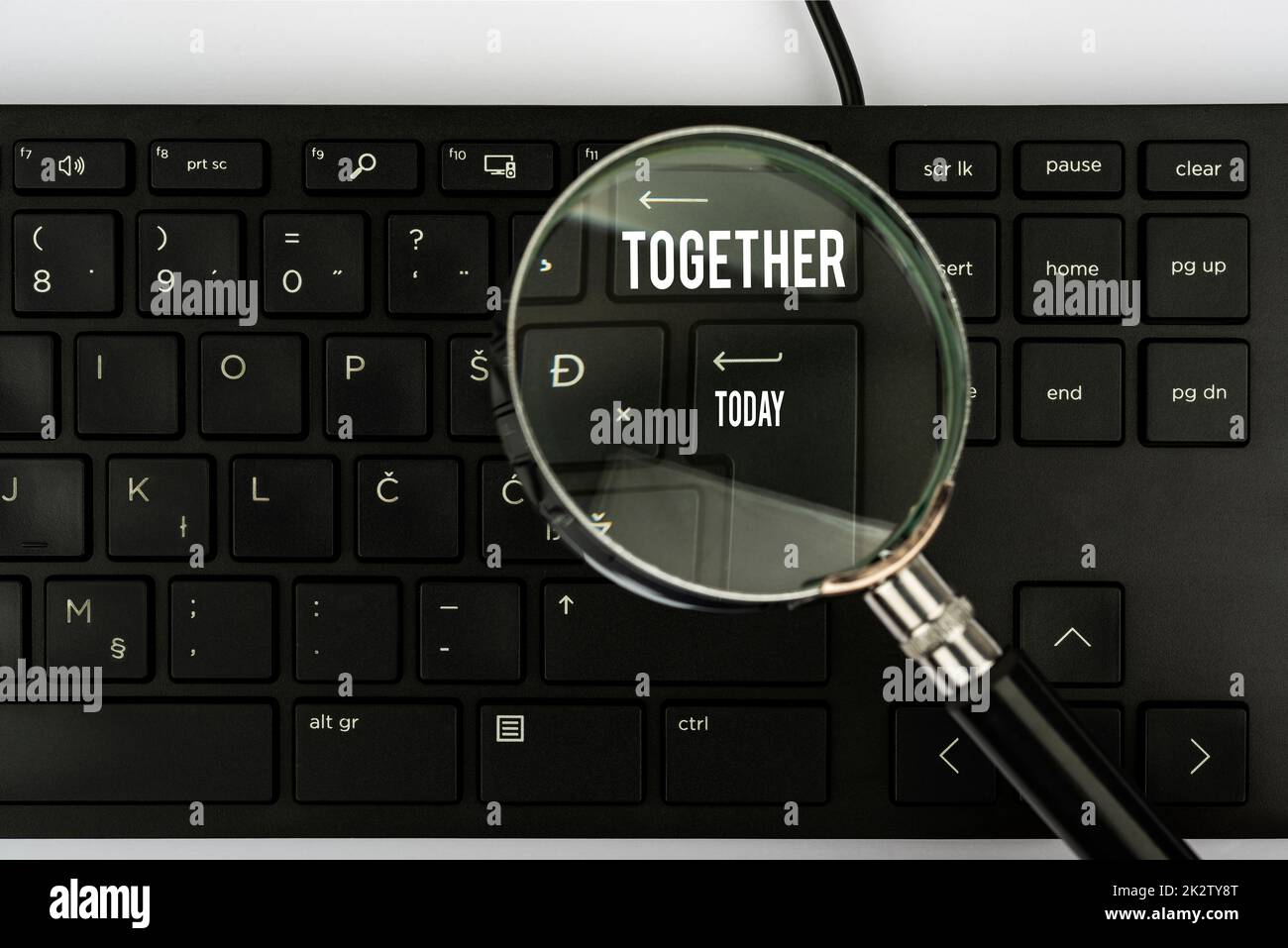 Sign displaying Together. Conceptual photo In proximity,union or collison with another person or things Computer Keyboard And Symbol.Information Medium For Communication. Stock Photo