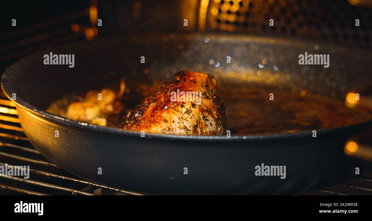 Baked Delicious Meat. Food and Health Concept. Close Up Tasty Meat. Good looking browned meat. Stock Photo