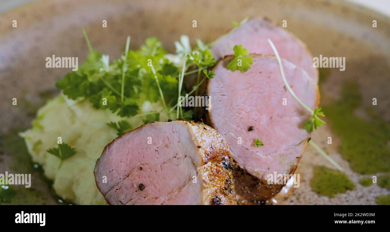 Pork Tenderloin Prepared for Serving Art Food, Gourmet Meal Close Up