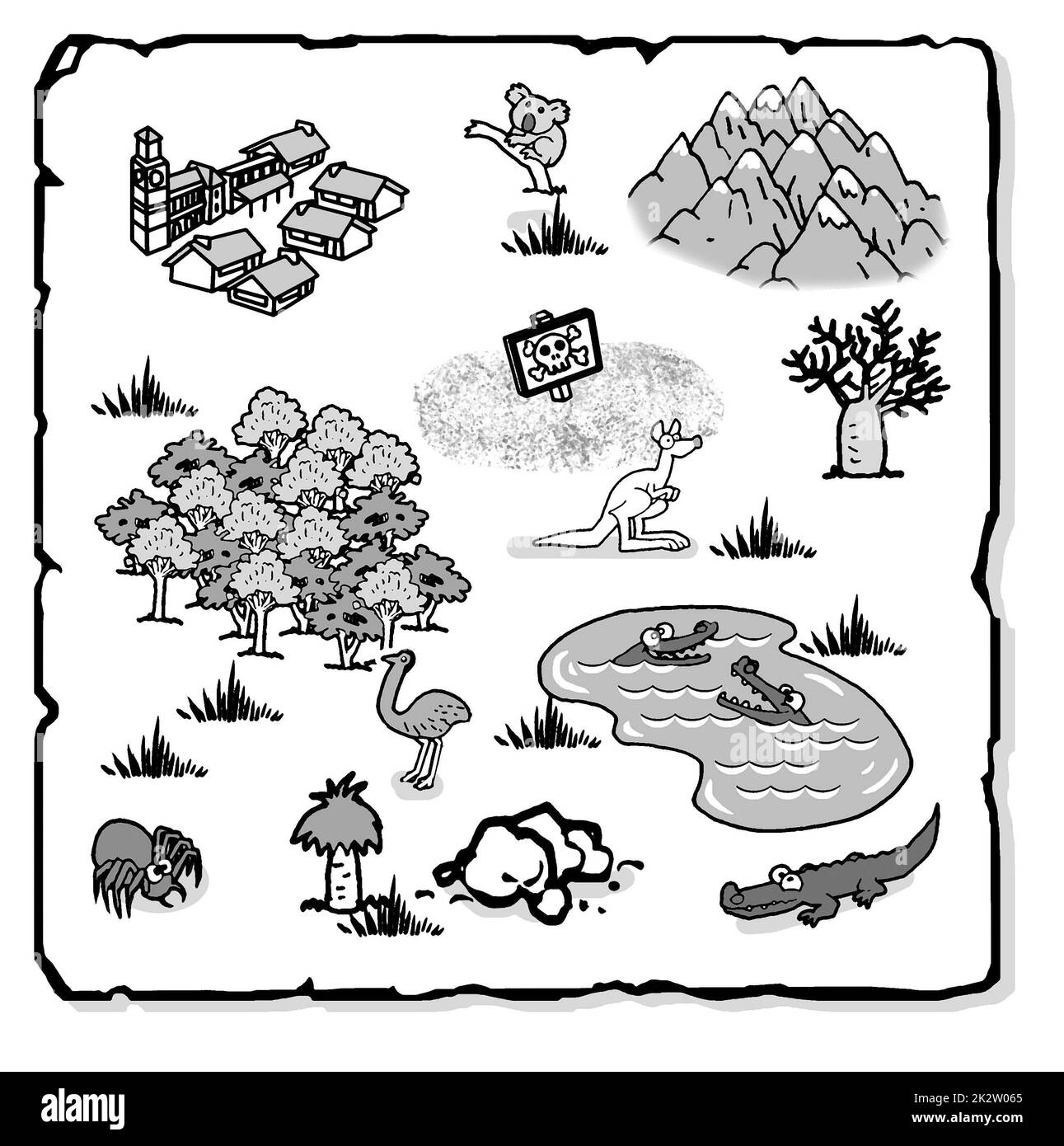 Black & white children's educational activity sheet showing Australian flora, fauna & places, inc giant boab trees, emu, koala, snowy mountains, crocs Stock Photo