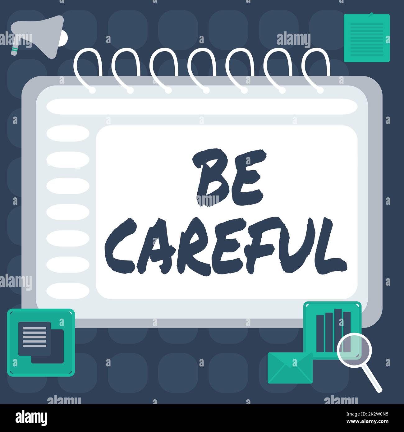 Handwriting text Be Careful. Business overview making sure of avoiding potential danger mishap or harm Blank Open Spiral Notebook With A Calculator And A Pen On Table. Stock Photo