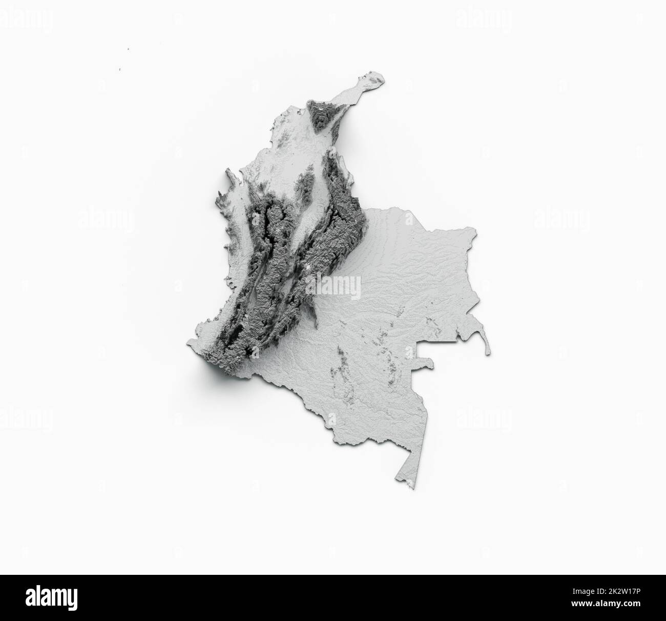 A 3D grayscale rendering of the Colombia-shaped topography map isolated on a white background Stock Photo