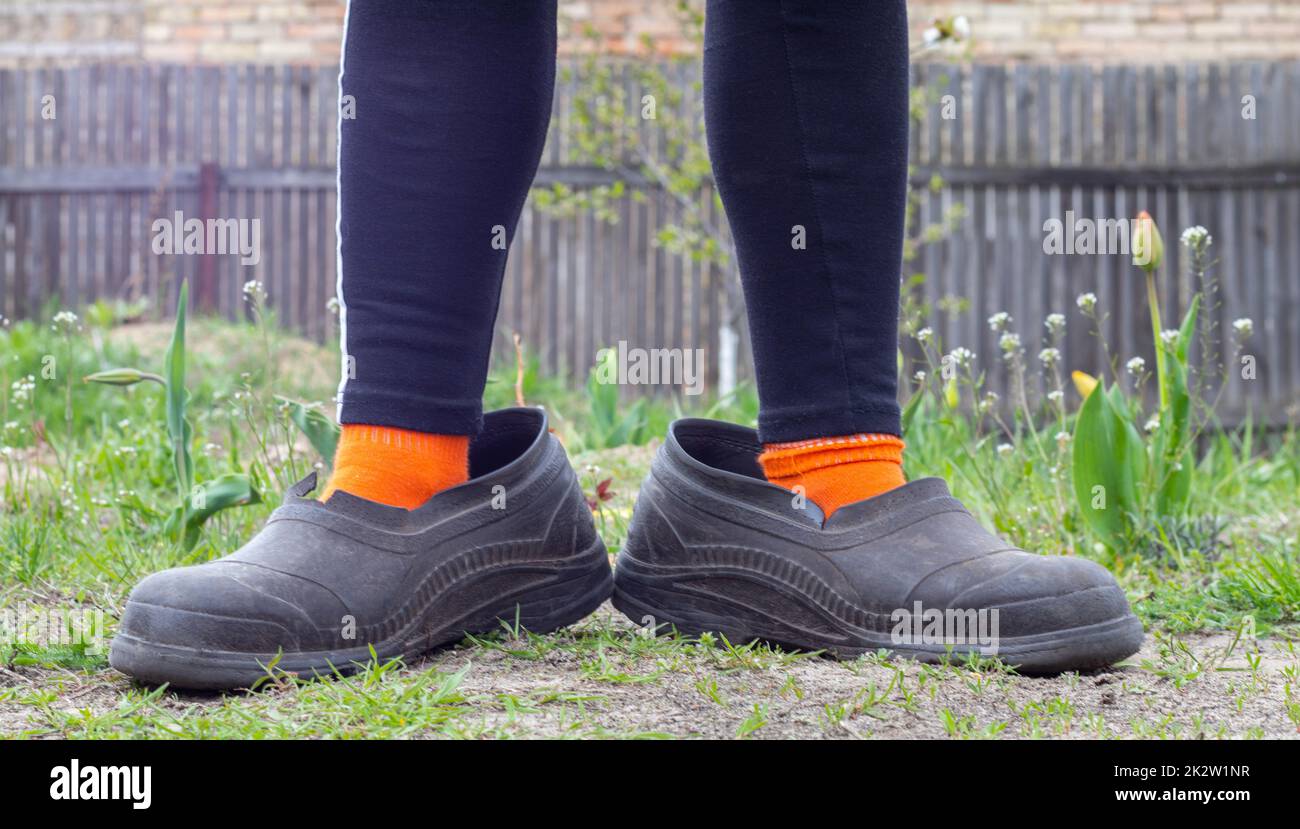Women's legs in oversized rubber galoshes against the backdrop of the countryside. Legs in black leggings, orange socks and dirty galoshes in a suburban area. Very funny photo. Stock Photo