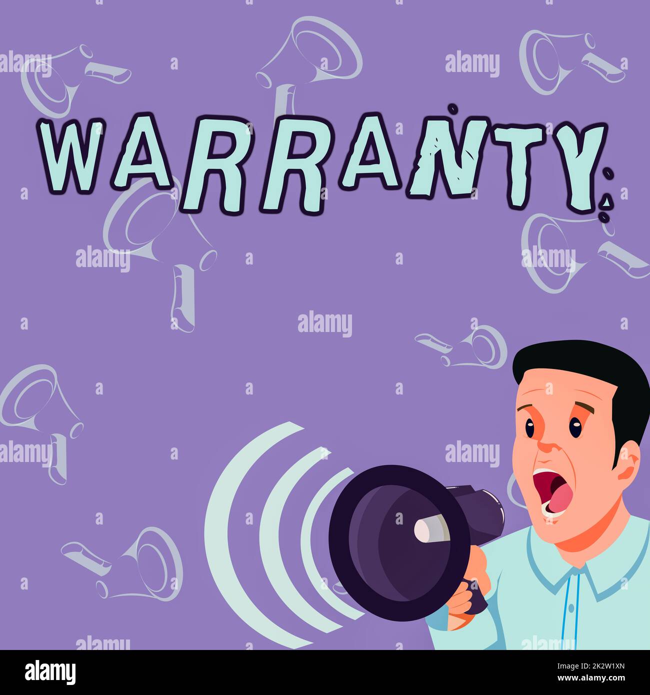 Writing displaying text Warranty. Word Written on Free service of repair and maintenance of the product sold Businessman Talking Through Megaphone Making Wonderful New Announcement Stock Photo