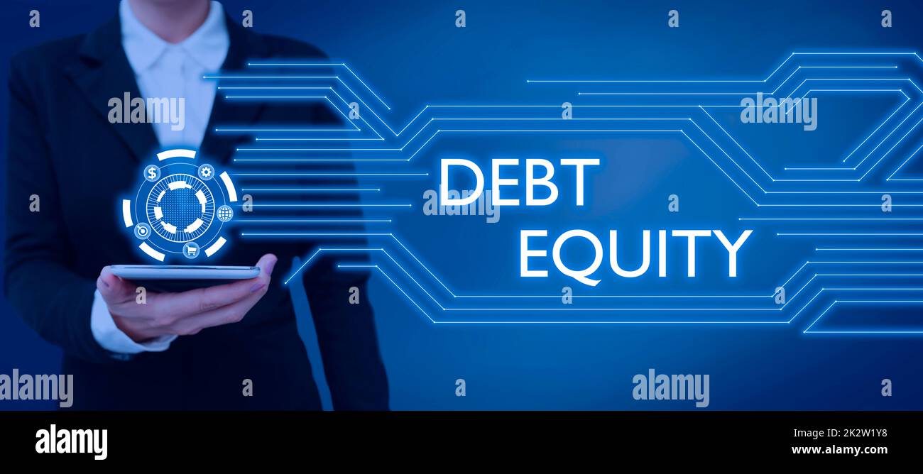 Text caption presenting Debt Equity. Internet Concept dividing companys total liabilities by its stockholders Businessman in suit holding notepad symbolizing successful teamwork. Stock Photo