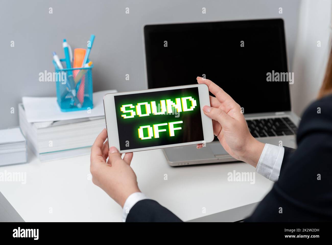 Hand writing sign Sound Off. Internet Concept To not hear any kind of sensation produced by stimulation -47522 Stock Photo