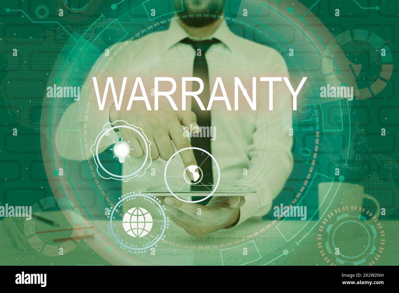 Text caption presenting Warranty. Word for Free service of repair and maintenance of the product sold Businessman pointing down tablet represents global innovative thinking. Stock Photo