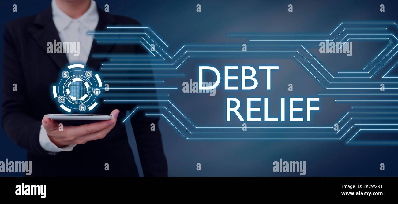 Writing displaying text Debt Relief. Business idea partial or total remission of it especially those by countries Businessman in suit holding notepad symbolizing successful teamwork. Stock Photo