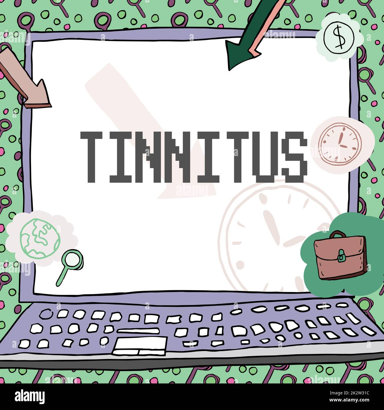 Handwriting text Tinnitus. Internet Concept A ringing or music and similar sensation of sound in ears Poster decorated with monetary symbols displaying punctuality of employees. Stock Photo