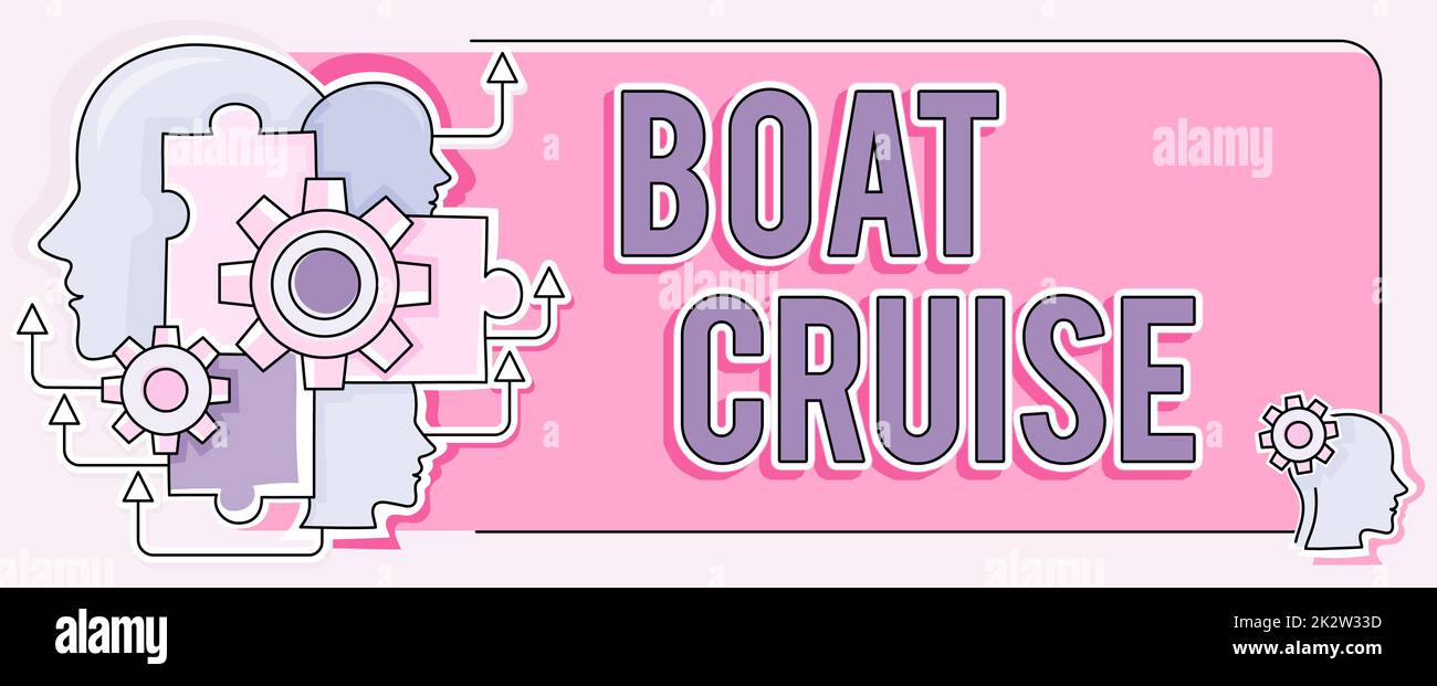 Writing displaying text Boat Cruise. Concept meaning sail about in area without precise destination with large ship Multiple Heads With Cogs Showing Technology Ideas. Stock Photo