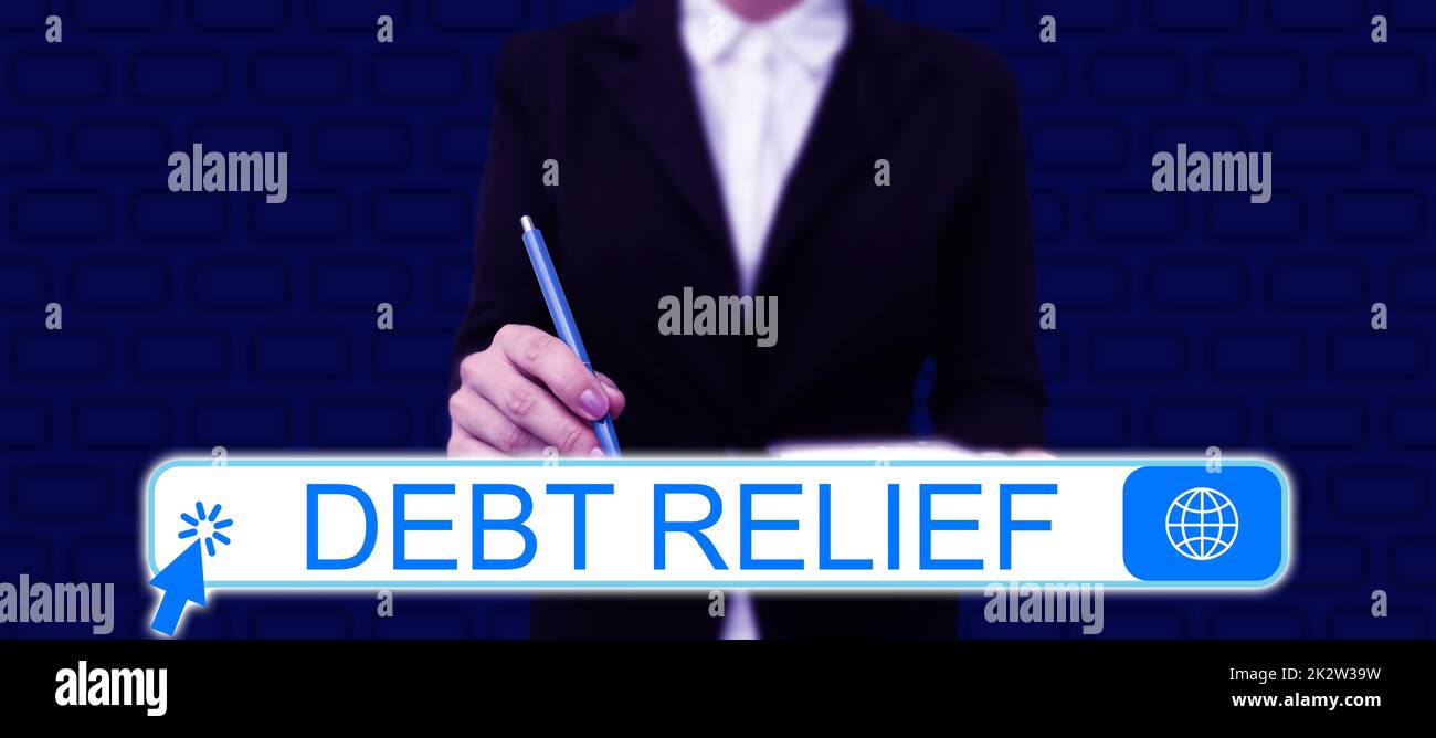 Hand writing sign Debt Relief. Conceptual photo partial or total remission of it especially those by countries Businessman in suit holding tablet symbolizing successful teamwork. Stock Photo