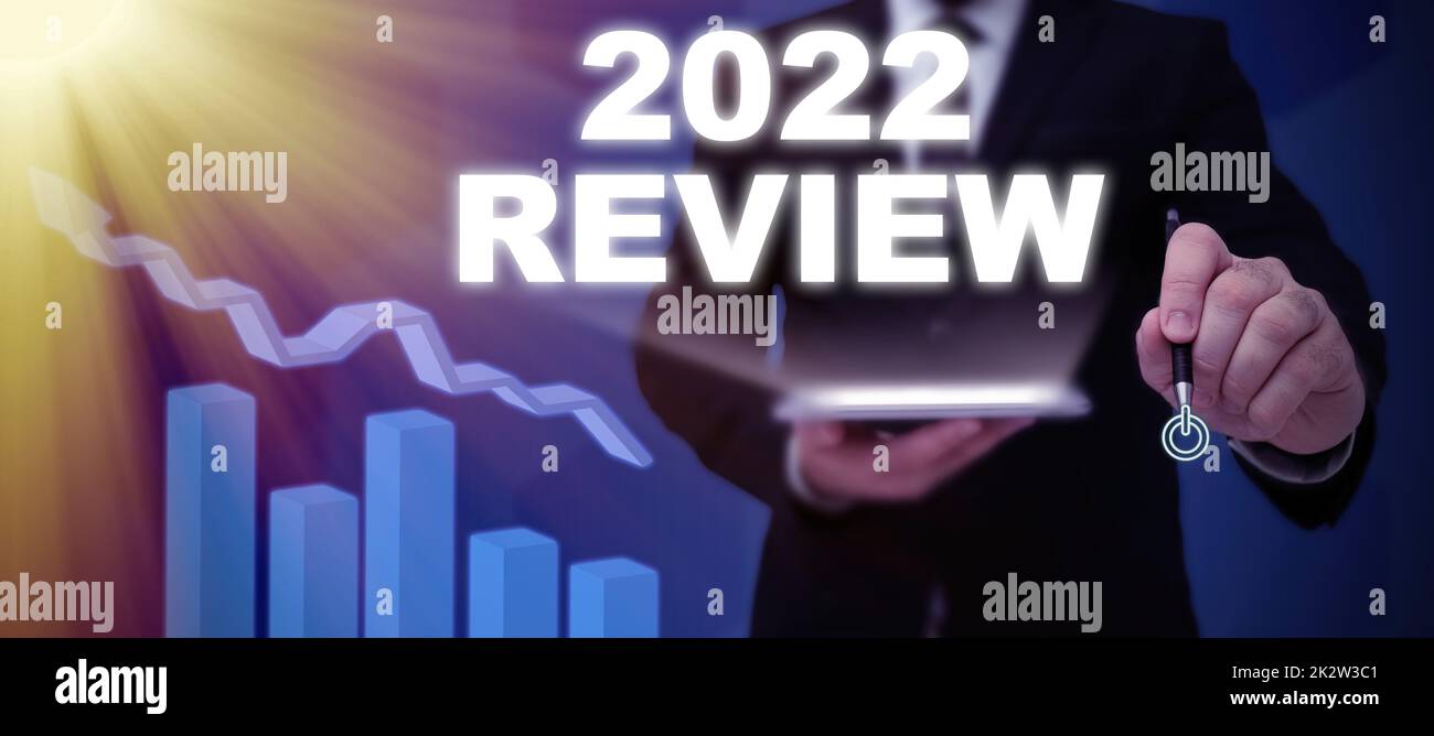 Sign displaying 2022 Review. Word Written on seeing important events or actions that made previous year Lady Standing Front Of Door Opening New Opportunities For Success. Stock Photo