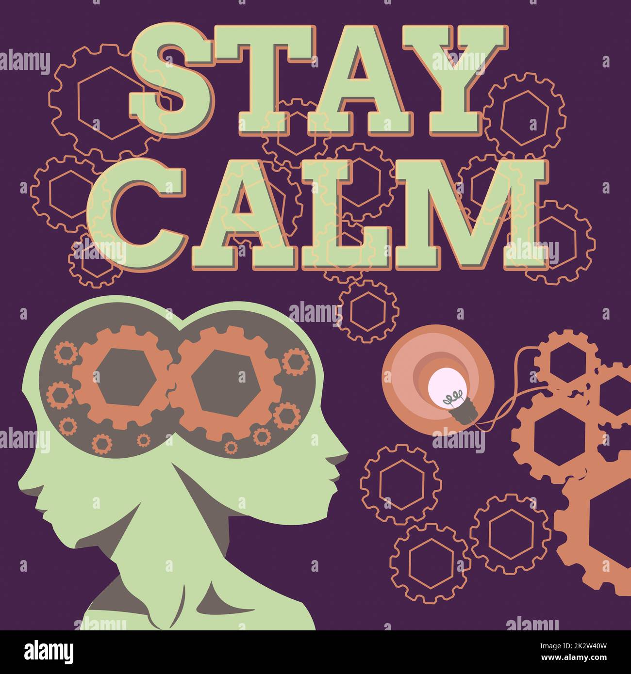 Inspiration showing sign Stay Calm, Internet Concept Maintain in a state of motion smoothly even under pressure Two Heads With Cogs Showing Technology Stock Photo