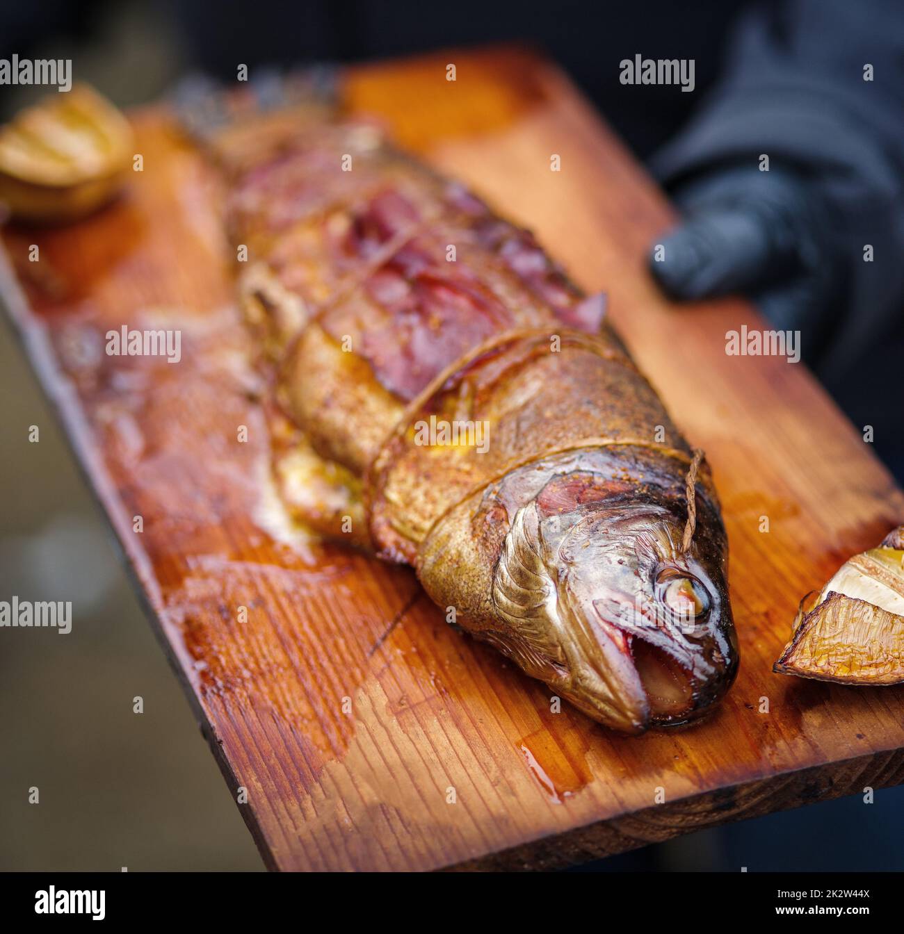 Grilled trout on cedar plank with lemon, shallow depth of field Stock