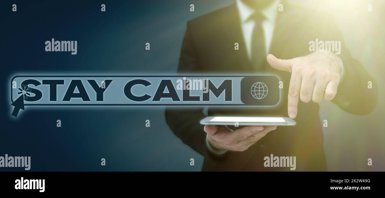 Text showing inspiration Stay Calm. Business approach Maintain in a state of motion smoothly even under pressure Hands shaking symbolizing globalization presenting teamwork. Stock Photo