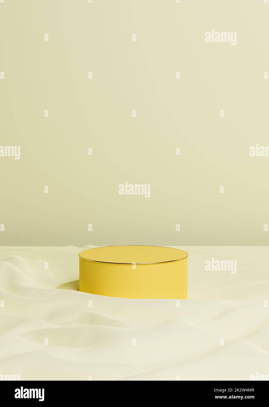 Pastel, light, citrus yellow 3D rendering minimal product display one luxury cylinder podium or stand on wavy textile product background wallpaper abstract composition with golden line Stock Photo