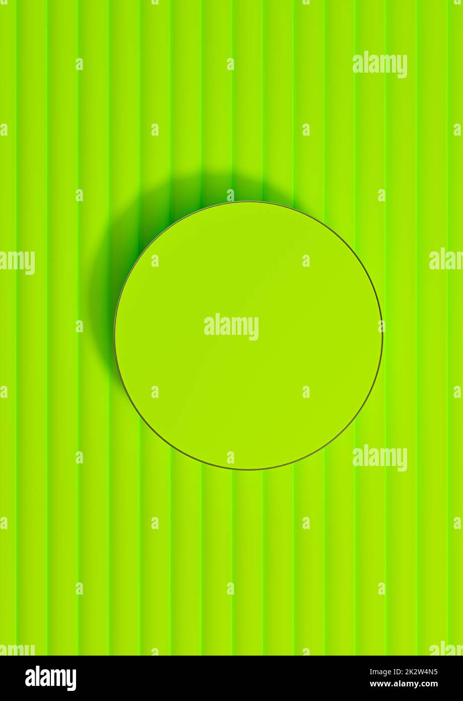 Bright, neon green 3D rendering of top view flat lay product display cylinder podium or stand product photography background or wallpaper, minimal, simple, luxury backdrop with golden line Stock Photo
