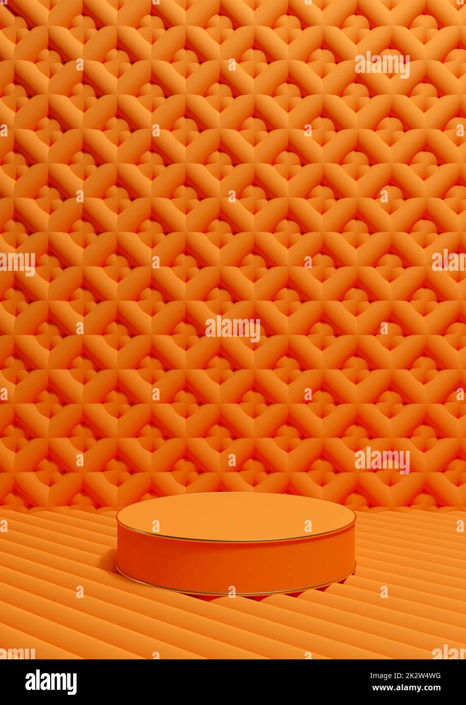 Neon orange, bright red 3D rendering luxury product display vertical product photography one cylinder podium stand golden line and ornament wallpaper or background simple, minimal composition Stock Photo