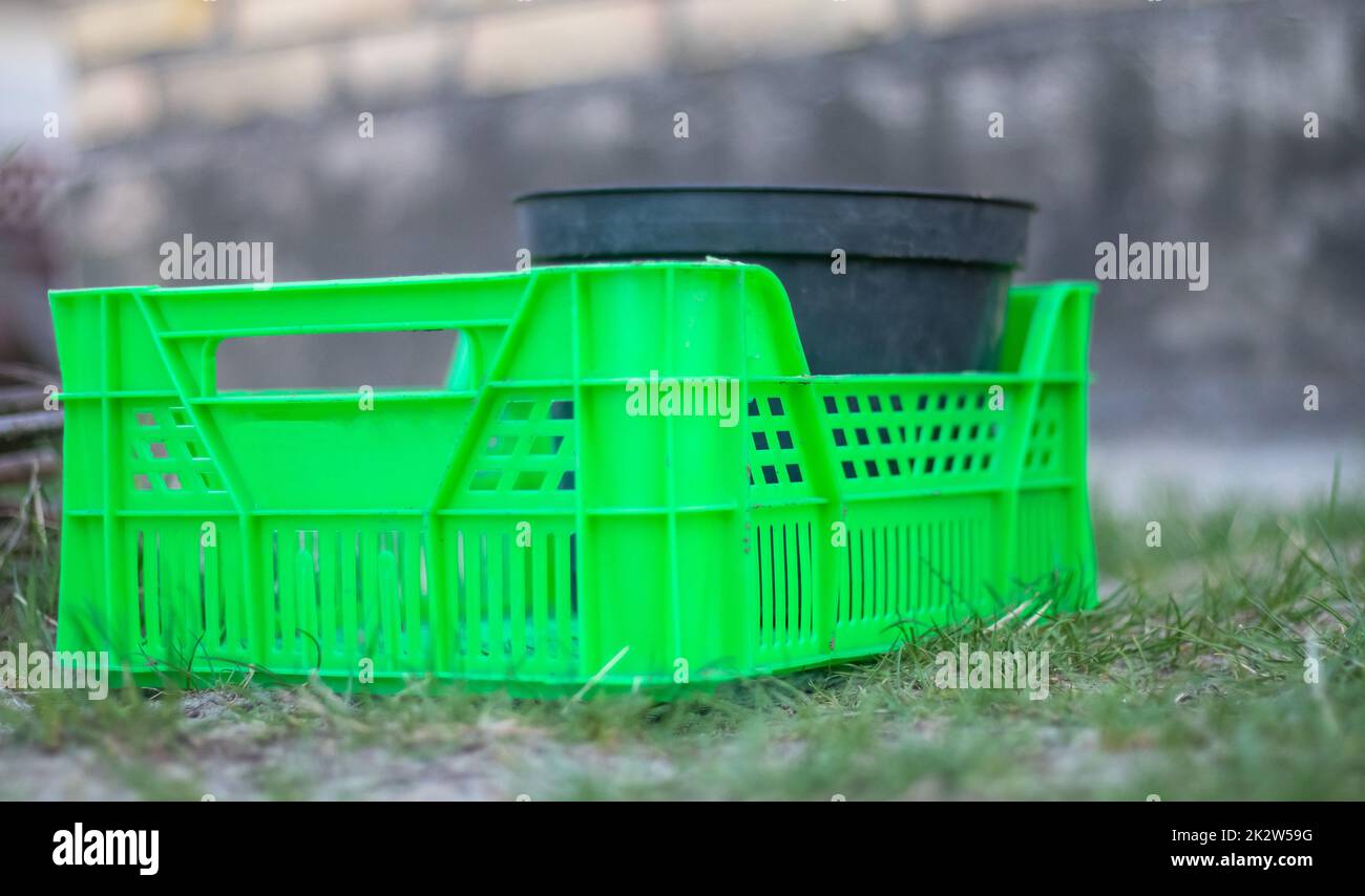 Plastic empty green box in the garden for plants or harvesting. On a sunny day in early spring. Gardening concept. Household crop collection and storage box standing in the backyard. Stock Photo