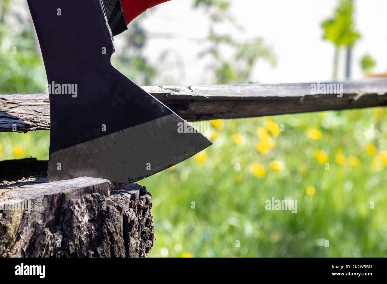 A new modern ax with a red handle sticks out of a wooden stump against a green meadow on a summer sunny day. The ax stuck into the stump. Ax blade in a log. Stock Photo