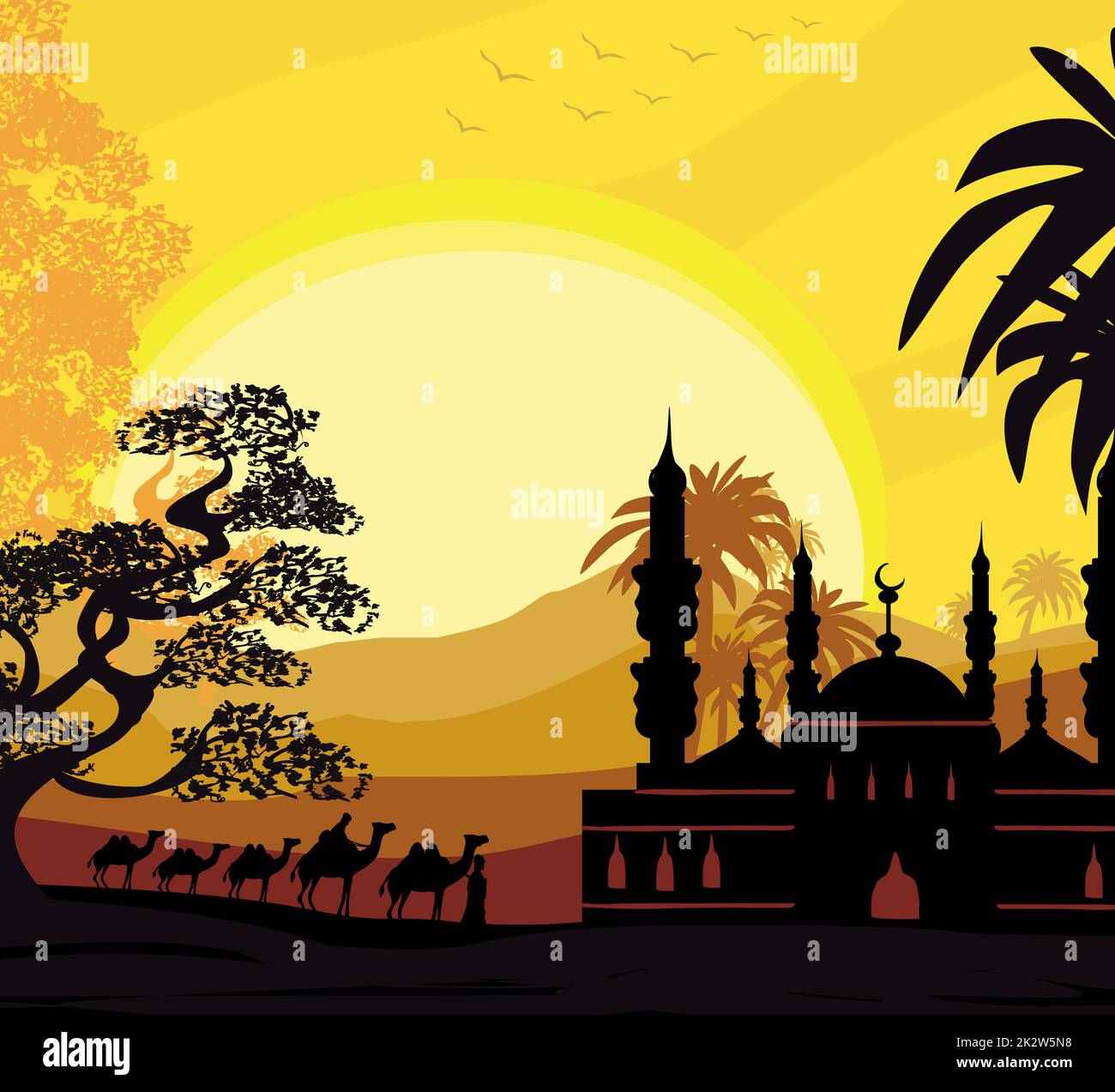 Bedouin camel caravan in wild africa landscape illustration Stock Photo