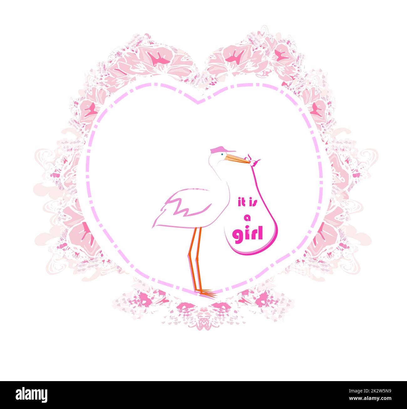 Baby girl Card - A stork delivering a baby girl. Stock Photo