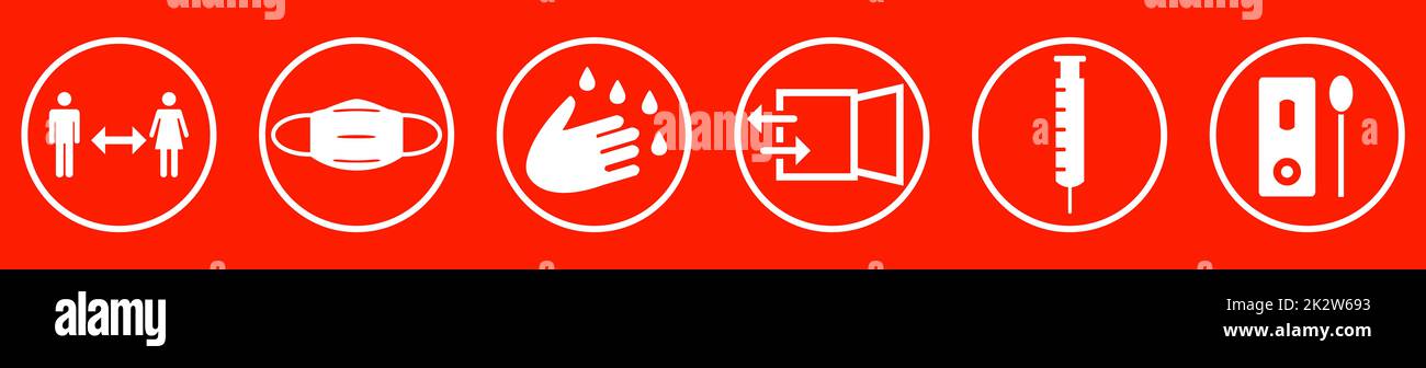 Red white Covid-19 instructions: Wash your hands, keep distance, wear a mask, open window, get vaccinated, use medical test Stock Photo