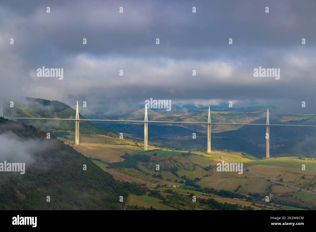 Multi-span cable stayed Millau Viaduct across gorge valley of Tarn River, Aveyron Departement, France Stock Photo